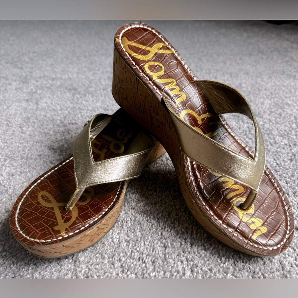 Sam Edelman Gold strap, low wedges, WORN ONCE